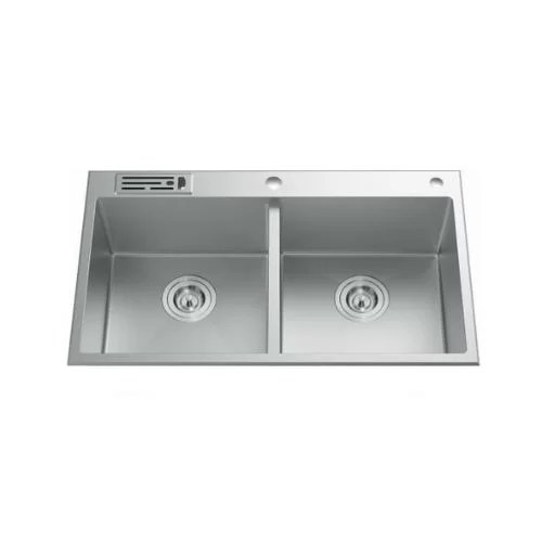 Newmatic 84cm Double Handcrafted Topmount Kitchen Sink HD84, Heavy-Duty 18-Gauge 304 Stainless Steel, Soap Dispenser, Basket & Drain Board