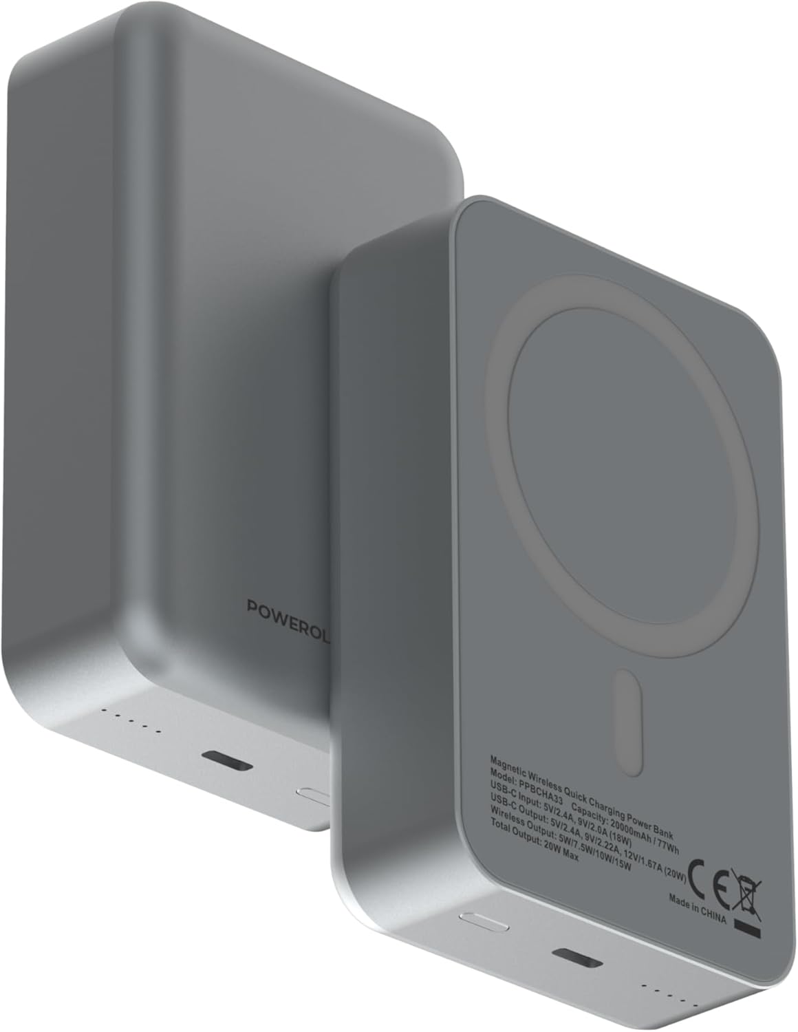 Powerology 20000mAh MagSafe Aluminum Power Bank with Battery Level Indicator,Compatible With Magsafe, Lightweight & Compact Design, Fast & Simultaneous Charging