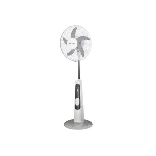 SPJ Solar Rechargeable Pedestal Fan with Built-in Light, USB Charger, and Dual DC Outputs - White & Grey