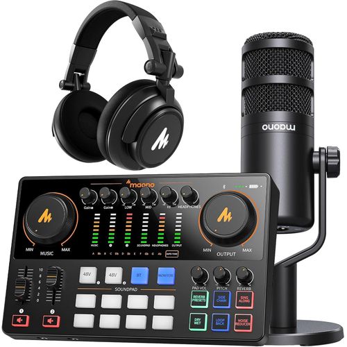 maono 3 Set Of Audio Interface, PD400X USB/XLR Dynamic Microphone ,Caster E2 Gen2 Podcasting Console And MH700 Professional Monitor Headphone with Dual XLR Input, Quick to Mute, Noise Reduction, 8 Cus