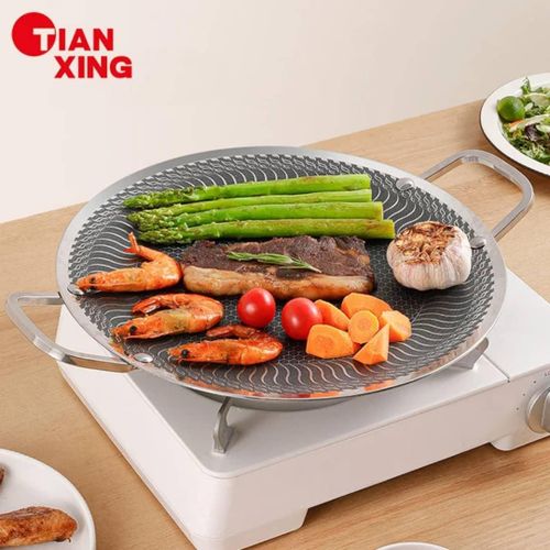 34CM Round BBQ Griddle Pans With Handle NonStick Barbecues Plate Stainsless Steels Bakings Pans Outdoor Travel Campings Fryings Pans, Large, Binaural Model