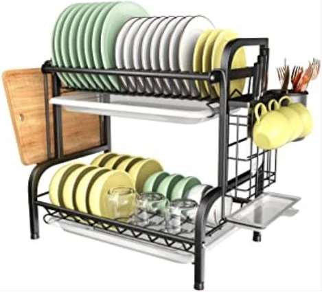 2 Tier Aluminum Plate Dish Drying Draining Rack Storage Organizer, Black
