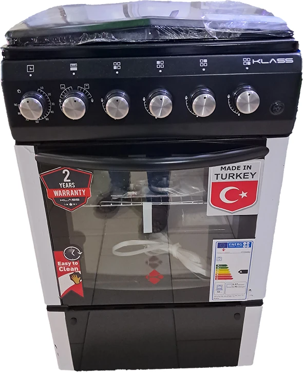 KLASS 60x60cm Full Gas Cooker, 4 Gas Burners, Gas Oven & Grill, Oven Lamp & Timer, 4TTE-6640BLK - Black