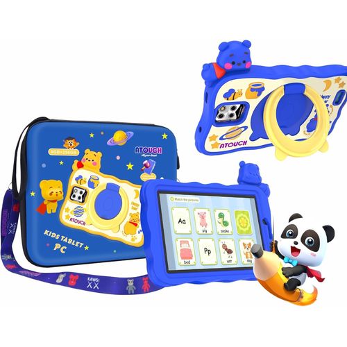 Atouch Android Tablet For Kids, 7-Inch Screen KC64 Smart Tab Wi-Fi Bluetooth and Dual SIM Early Education with 360° Rotating Stand Silicone Case/Carry Gift Bag -Multicolor