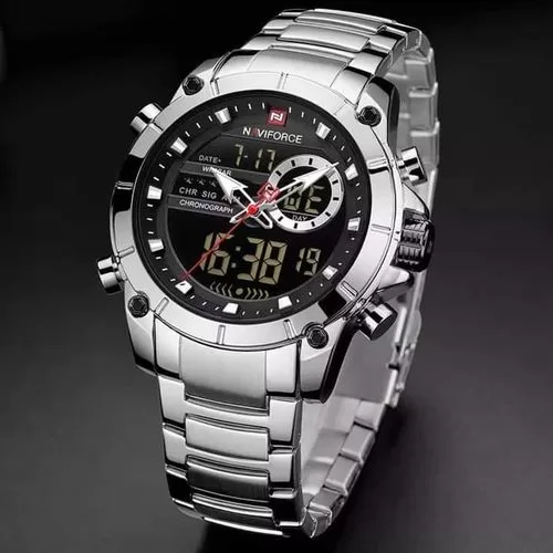 Naviforce Waterproof Stainless Steel LED Display Dual Watch - Silver