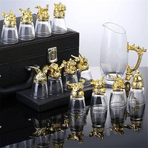 Wine Carafe Twelve Zodiac Signs Tumblers Glasses And 2 Whisky Decanters Gift Set Shot Glasses with Animal Head Creative Retro Sake Vodka Cups Dispenser Shot Glass Crystal Cups Decanter Packed In A PU 