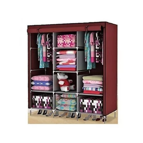 3 Column Cloth Steel Frame Storage Wardrobe - Maroon