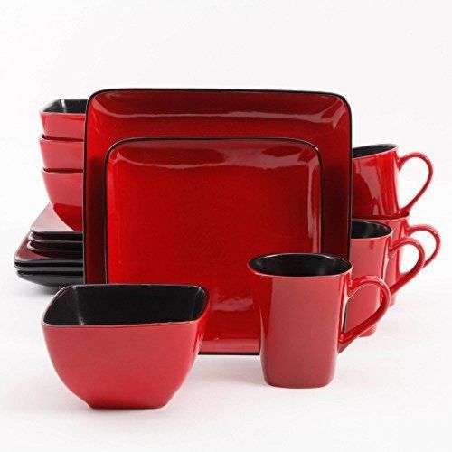 24 Piece Square Plates, Bowls, Cups Dinner Set-Red