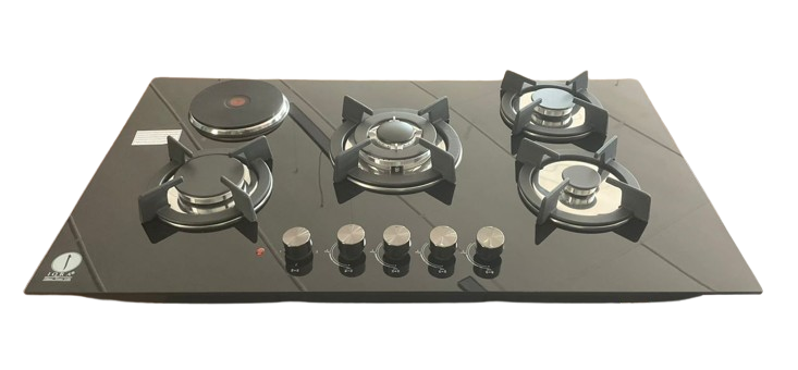 IQRA 90cm Built-in Hob, 4 Gas + 1 Electric, Glass Top, Pulse Ignition, Cast Iron Pan Supports