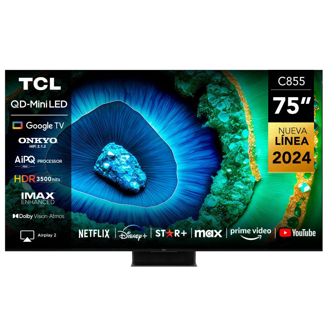 TCL 75 Inch 4K QD-Mini LED HDR Smart Google TV, QLED Pro, 3500nits, ONKYO 2.2.2ch, 144Hz VRR+240Hz DLG, Imax Enhanced, Ultra-slim Design 75C855 -2 Year Warranty, Black