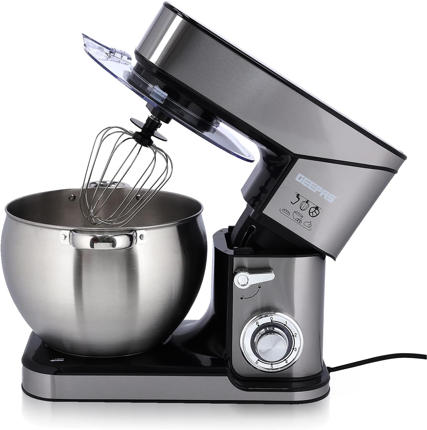Geepas 10L Stand Mixer Stainless Steel, 2000W, Mixing Bowl For Bread & Dough, Tiltup Head 6 Speed With Pulse Power Indicator 2 Year Warranty, Multicolor, GSM43041