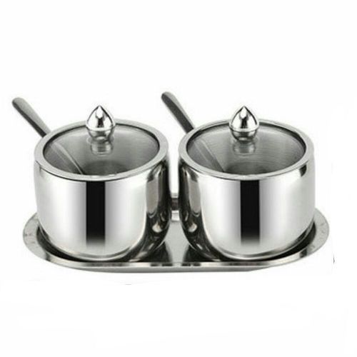 2 Pc Seasoning Containers Spice Jar Rack Condiment Salt Pepper Sugar Storage Organizers with Serving Spoons - Silver.