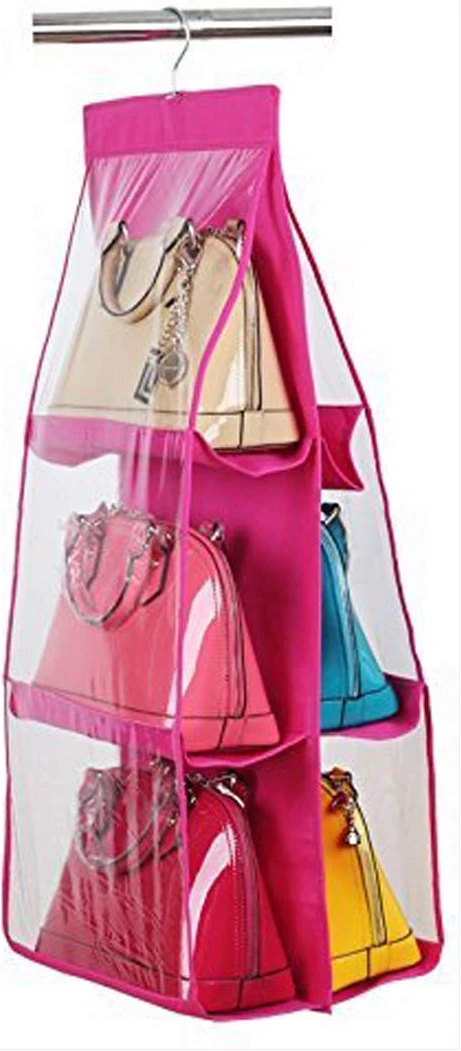 6 Pocket Handbag Storage Hanging Purse Organizer - Pink