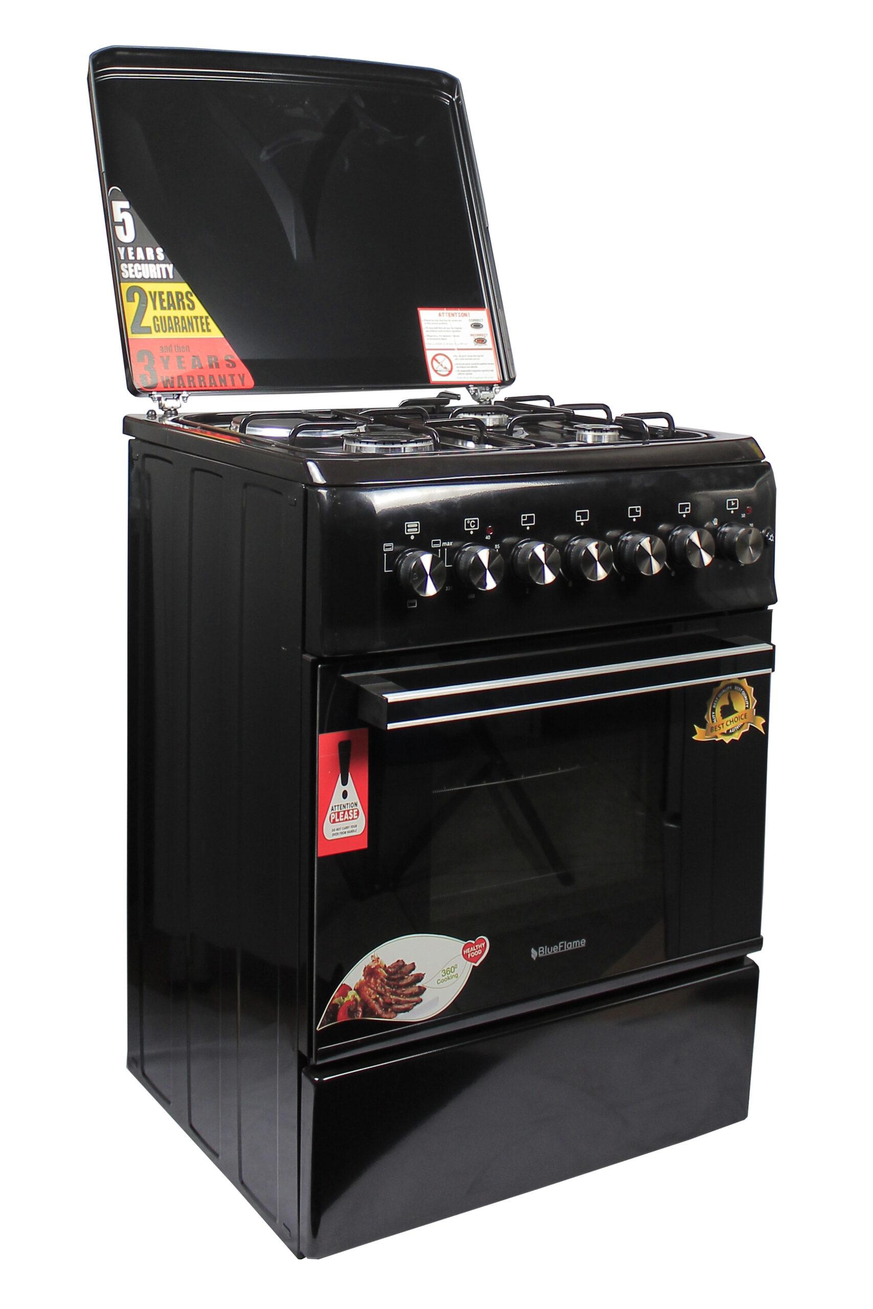 BlueFlame Cooker 60x60cm 3 Gas Burners And 1 Electric Plates S6031EP-BC, Electric Oven, Thermostat, Auto Ignition, Oven Lamp - Black