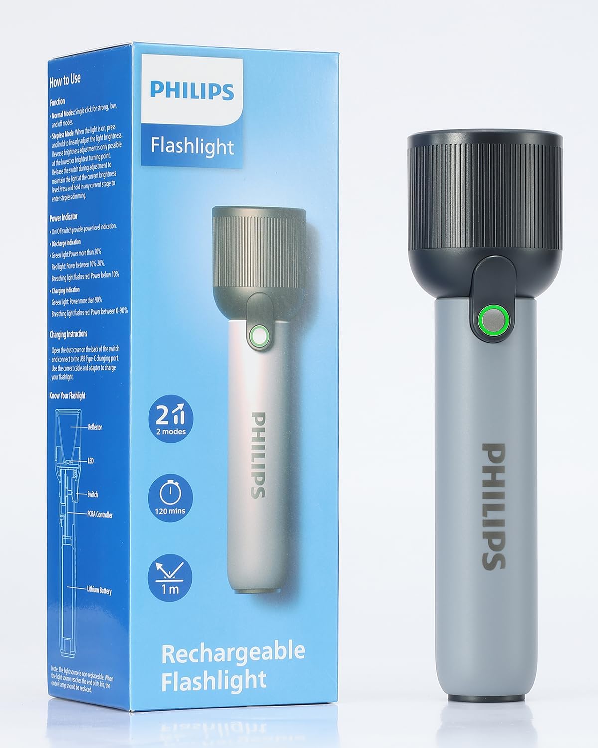 PHILIPS Handheld Torch Light, 2000mAh Rechargeable Torch Light with 2 Modes,400LM & IP44 Waterproof, Portable Flash Light for Home, Camping, Hiking, Emergency（Gray)