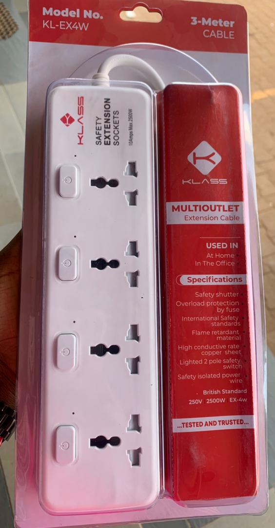 Klass 4 Way Extension, Multi-outlet Extension Cable, Safety Shutter, Overload Protection By Fuse, International Safety Standards, Flame Retardent Material, High Conductive Rate Copper Sheet, Lighted 2