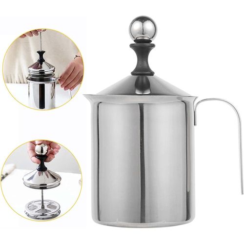 800ml Manual Milk Frother Stainless Steel Double-layer Manual Milk Frother Double Mesh Coffee Mixer Cappuccino Foamer Creamer Pitcher- Silver