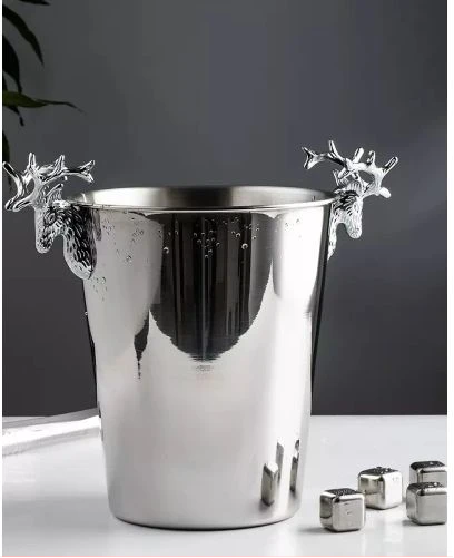 5L Champagne Wine Ice Bucket Stainless Steel With Deer Head Handles-Silver