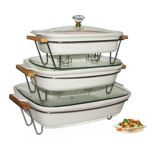3 Pieces Of Ceramic Chafing/Serving Dishes Warmer, White