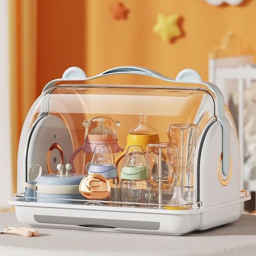 Portable Baby Bottle Drying Rack Container With Cover Drain &Handle,Large Capacity Anti-Dust Toddler Bottles Storage Box,Kitchen Dish Drying Rack Organizer Baby Bottle Holder With Cover, Portable Nurs