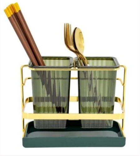 Kitchen Utensil Holder For Countertop 2 Cups Cooking Caddy Cutlery Rack For Fork Spoon Knife Spatula- Green