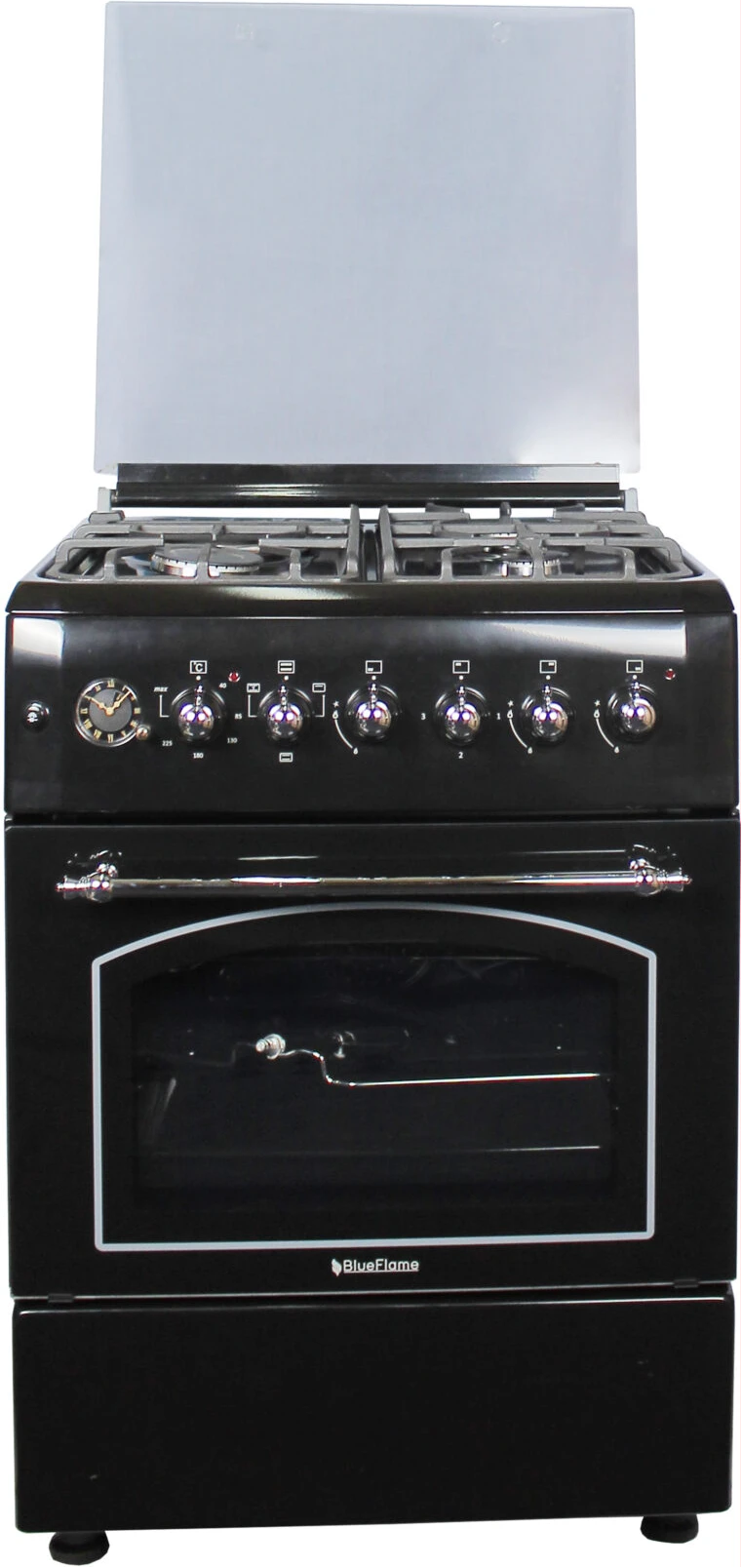 Blueflame 60x60cm Rustic Cooker 3-Gas + 1-Electric Plate T6031ERF – B, Electric Oven & Grill, Thermostat, Rotisserie, Oven Lamp, Oven Fan, Cast Iron Pan Supports, Auto Ignition, Oven Timer - Black