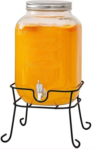 4L Glass Beverage Dispenser With Scroll Iron Stand, Stainless Steel Leak Free Spigot- Clear.