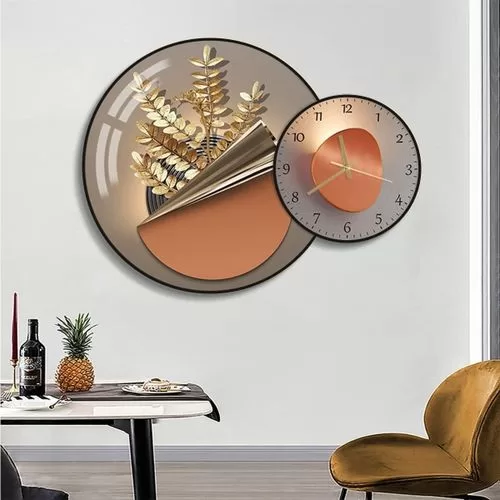 Dinning Room Golden Leaf Decorative Painting,Pictures For Bedroom Wall Decor,Wall Clock Modern Wall Art,Aluminum Alloy Frame,Artwork Canvas Prints, Size : 60x60/40x40cm -Multicolor