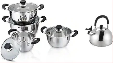 9 Pieces Cookware Set With A Whistling Kettle-Silver