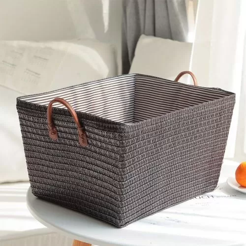 3 Pack Rectangle Woven Handmade Laundry Hamper Storage Basket Household Small Items Organizer Box Snacks Books Sundries Container Bedroom Bathroom Closet Wardrobe Decoration 45x35x25cm Bin- Multicolor