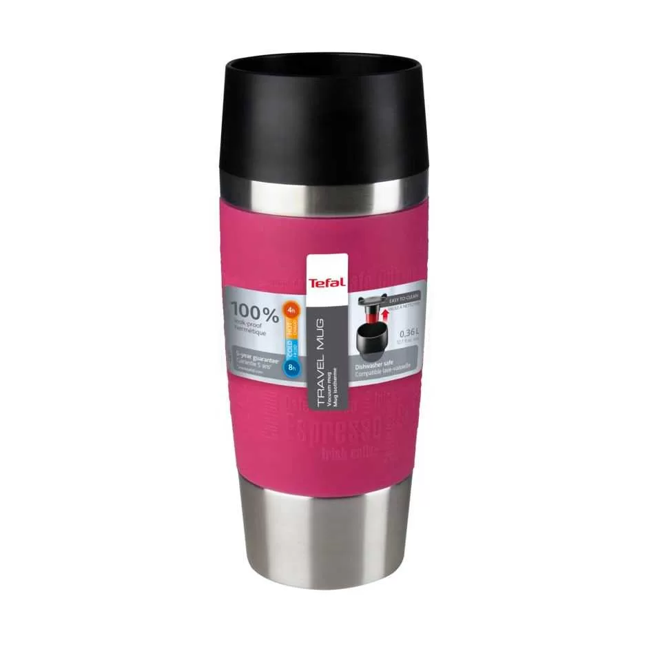 Tefal Grande Portable Leakproof Thermal Vacuum Travel Mug 0.36-Litres, 360 Drinking Edge K3087114, Hot & Cold, Pink – Raspberry