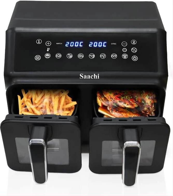 Saachi 10L Digital Air Fryer NL-AF-4784D; 2 5L Independent Buskets, 8 Preset Cooking Functions, 60 Mins Timer, LED Digital Display Screen - Black