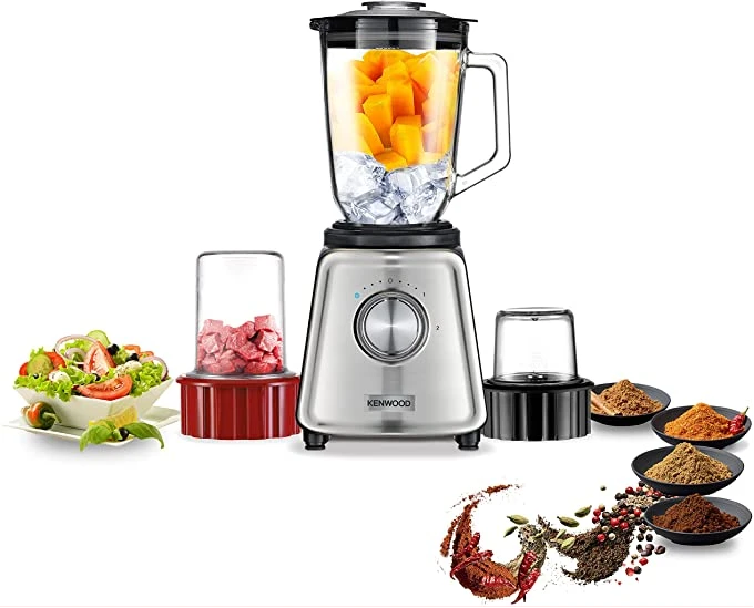 KENWOOD Glass Blender 800W Smoothie Blender Cum Smoothie Maker 2.0L with Glass Grinder Mill, Meat Grinder/Chopper Mill, Ice Crush Function BLP44 - Silver - 1-Year Warranty