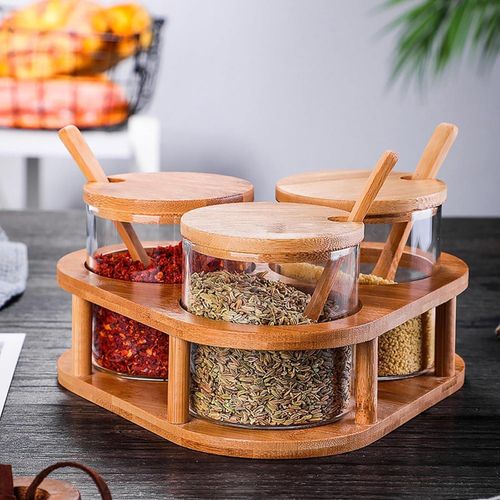 3 Pack Clear Condiment Jars with Bamboo Lid and Spoon, 280ml, Glass Spice Container Pots with Bamboo Serving Tray, Seasoning Salt Storage Container Countertop Organizer Tea Sugar Bowls Spice Jar