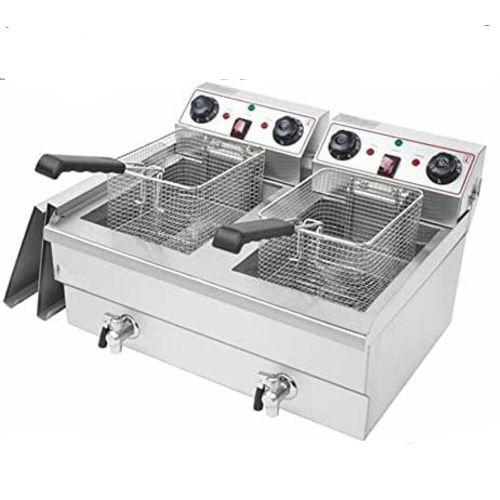 16 Litres Commercial Double Tank Electric Oil Deep Fryer with Basket & Lid- Silver.
