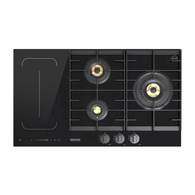 Newmatic 90cm Built-in Hob,  3 Gas Burners + 2 Induction Zones, PM932FC-PRO, Auto Ignition, Flame Failure Device, Sliding Sensor Touch Control, Cast Iron Pan Supports - Black