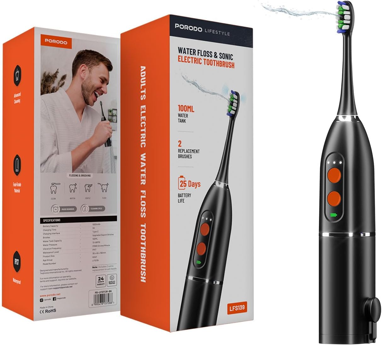 Porodo Lifestyle Water Floss & Sonic Electric Toothbrush 100mL with ×2 Replacement Brushes & 25 Days Battery Life / Food-Grade Material / Advanced Cleaning / Upgraded Dupont Bristles - Black