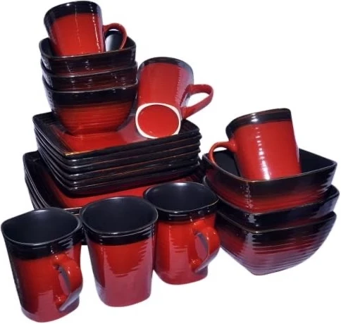 24 Piece Square Plates,Bowls,Cups Dinner Set,Red