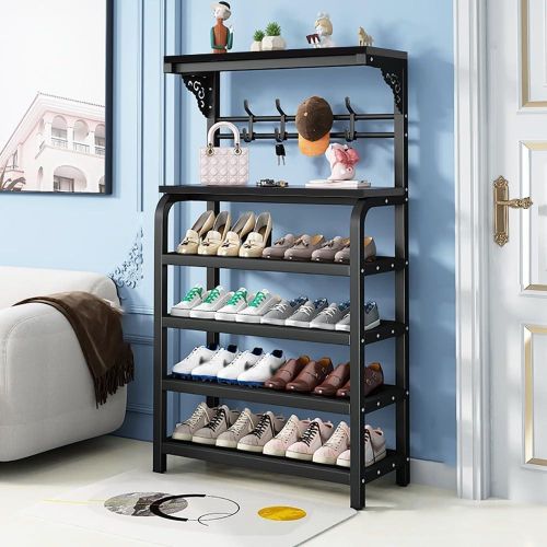 Metal shoe rack with 4 levels Freestanding shoe rack with hooks Bags Hats Scarf Storage Organizer With Shelves rack Hallway, staircase, bedroom Decor