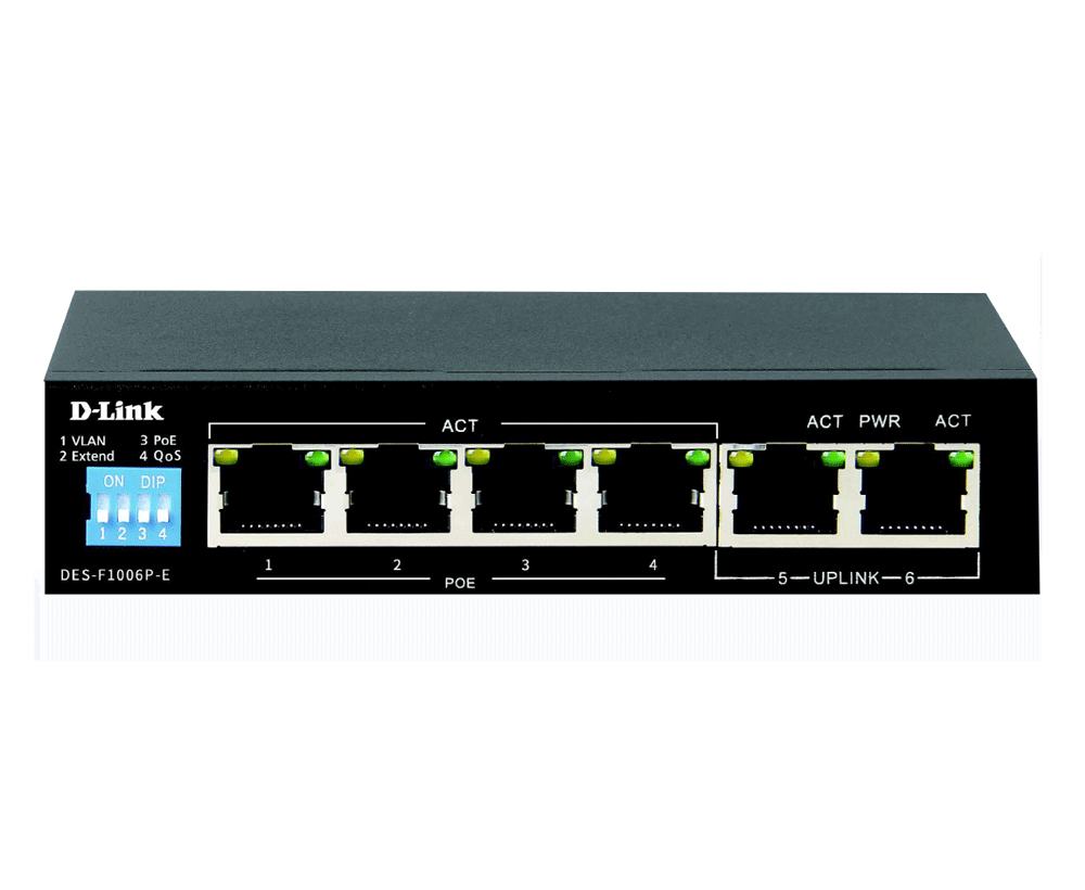 D-Link DES-F1006P-E 6-Port Unmanaged PoE Switch, 4 x 10/100 Mbps Fast Ethernet Ports, 2 x 10/100 Mbps Uplink Port Power-over-Ethernet (60W), Flow Control For Protection Against Data Loss, Maximum Dist