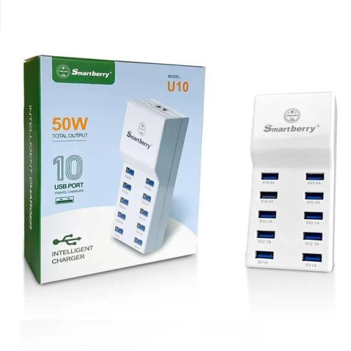 SmartBerry 50W U10 Adaptor USB Wall Intelligent Charger with Rapid Multiple Charging Station Block Auto Detect Technology Safety Guaranteed 10-Port Family-Sized Smart USB Ports for Multiple Devices Sm