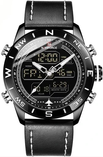 Naviforce Leather Strapped Digital And Analog Watch - Black
