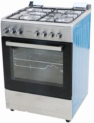 Titan Free Standing Full Gas Cooker, 60x60cm, 4 Gas Burners, Gas Oven & Grill - TN-FC6400XBS- Silver