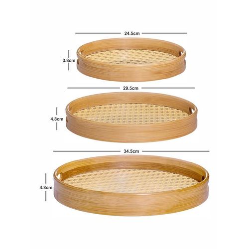 Bamboo Wooden Round Serving Tray Set of 3pcs- Cream