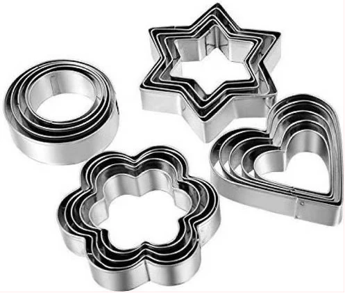 12 Piece, 4 Shape Stainless Steel Cookie Cutters - Silver