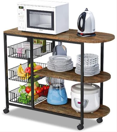 Microwave Oven Stand Storage Organizer & 3 Basket Rack Counter Trolley, Brown