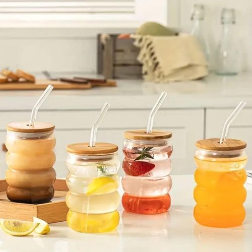 6 Pieces Of 520ML Ribbed Drinking Glasses Tumbler Cups with Airtight Wooden Lid and Straw for Juice Cocktail Iced Tea Coffee Hot Cold Drink Cup Home Office Travel Water, Iced Coffee Glasses, Liquor, W