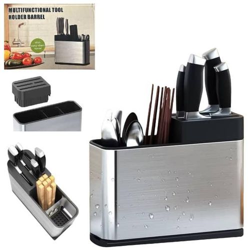 Kitchen Utensil Holder Block With Drainboard Cutlery Rust Proof Stainess Steel Countertop Spice Shelf Cans Bottle Storage Jars Container Knife Holder Chopsticks Tool Holder Cutlery Holder Utensil Cadd
