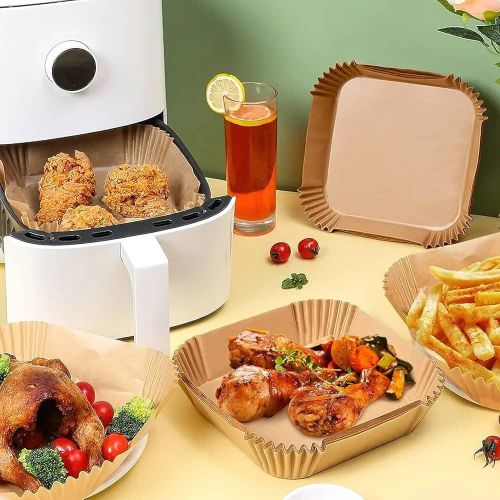 Squre Air Fryer Disposable Paper Liner, Air Fryer Natural Parchment Paper Non-Stick Air Fryer Liners Cooking Paper for Air Fryer for Baking Roasting Microwave Frying Pan 50pcs