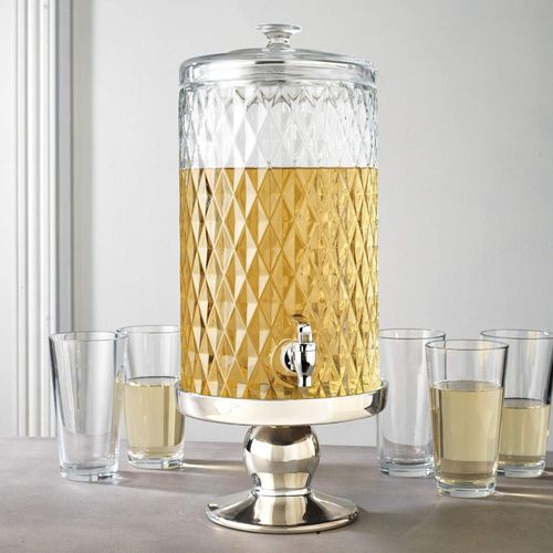 8 Litre Monaco Glass Pedestal Diamond Drinks Bevarage Juice Dispenser with Metal Base And Leak-Free Tap Jug For Water, Juice, Beer, Wine